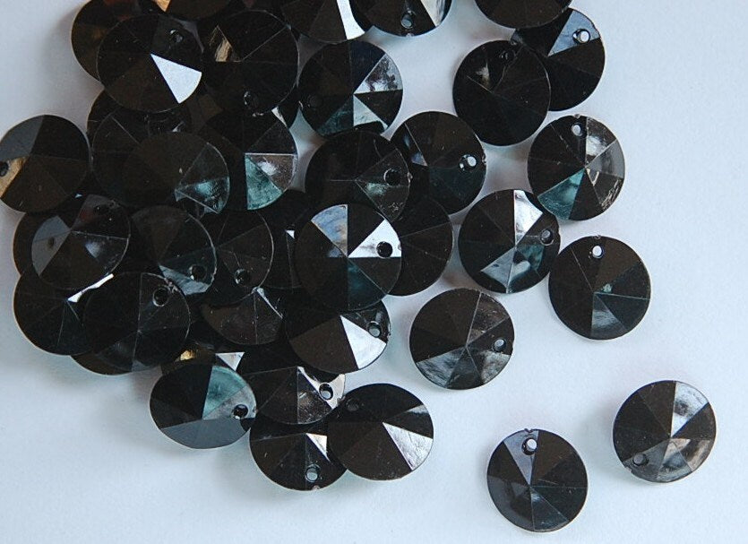 Vintage Faceted Black Round Disk Charms Drops 12mm (15) chr026F