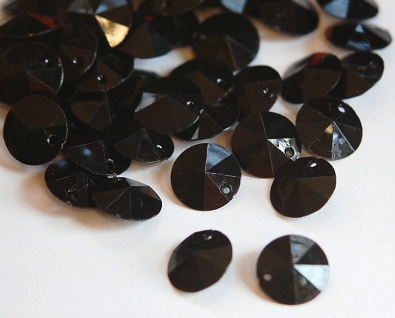 Vintage Faceted Black Round Disk Charms Drops 12mm (15) chr026F