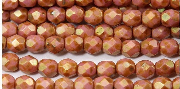 6mm Luster Opaque Rose/Gold Topaz Czech Firepolish Faceted Glass Beads (25)