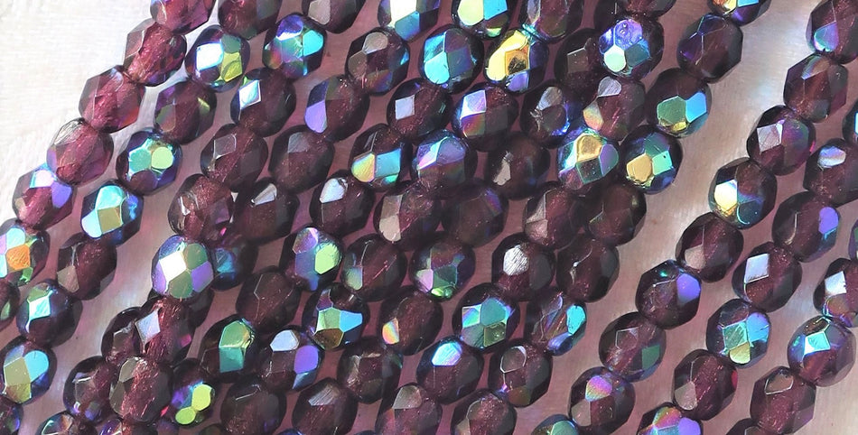 4mm Czech Faceted Amethyst AB Firepolish Glass Beads (50)