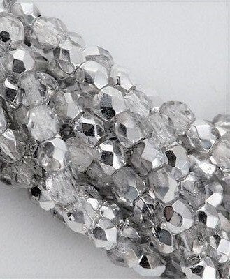 4mm Silver 1/2 Coat Czech Firepolish Glass Beads (50)