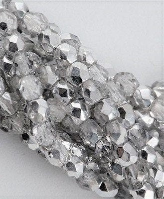 3mm Silver 1/2 Coat Czech Firepolish Glass Beads (50)