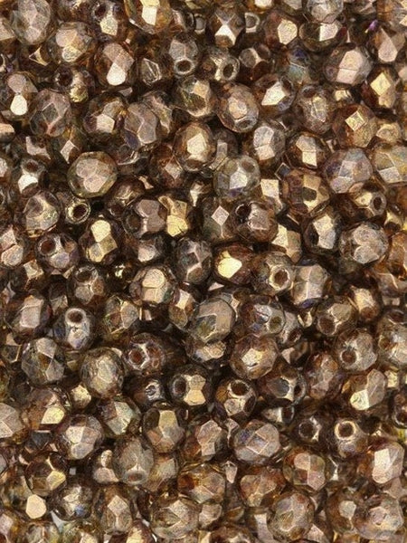 4mm Luster Transparent Gold Smokey Topaz Czech Faceted Firepolish Glass Beads (50)