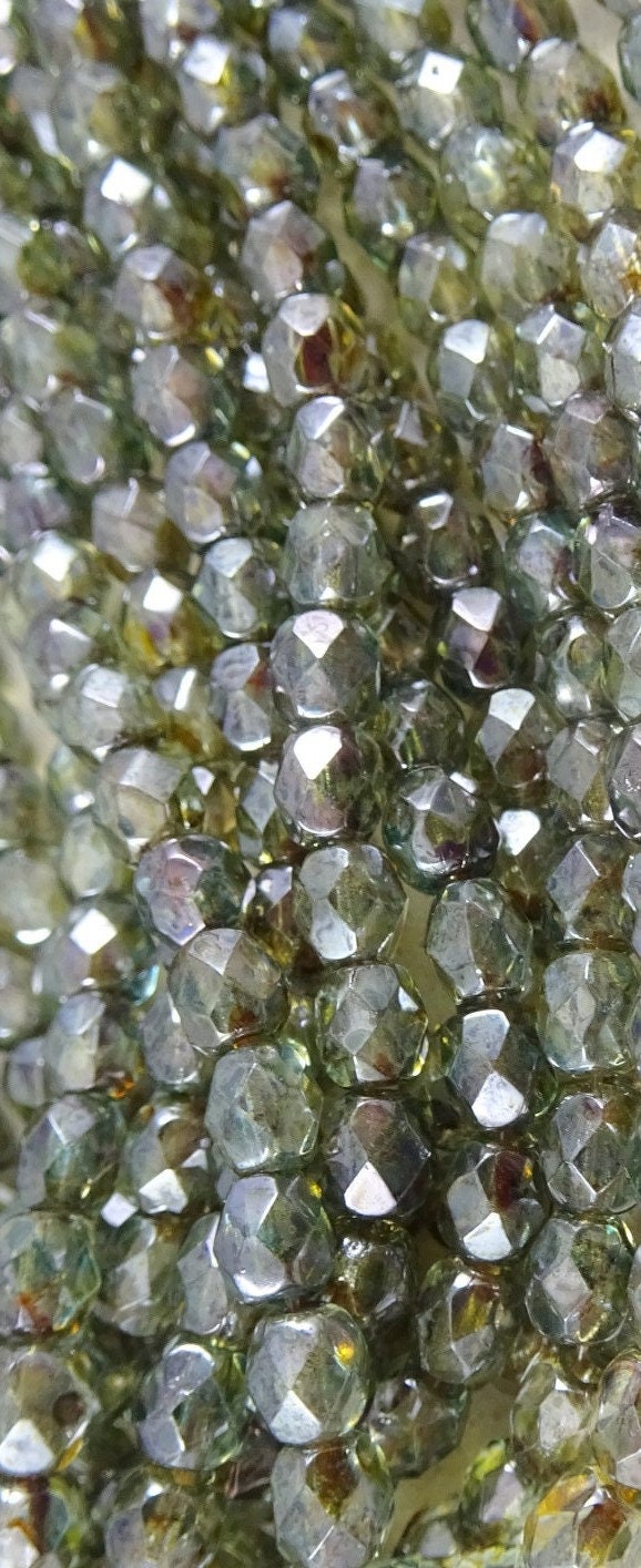 6mm Luster Transparent Green Firepolish Czech Faceted Glass Beads (25)