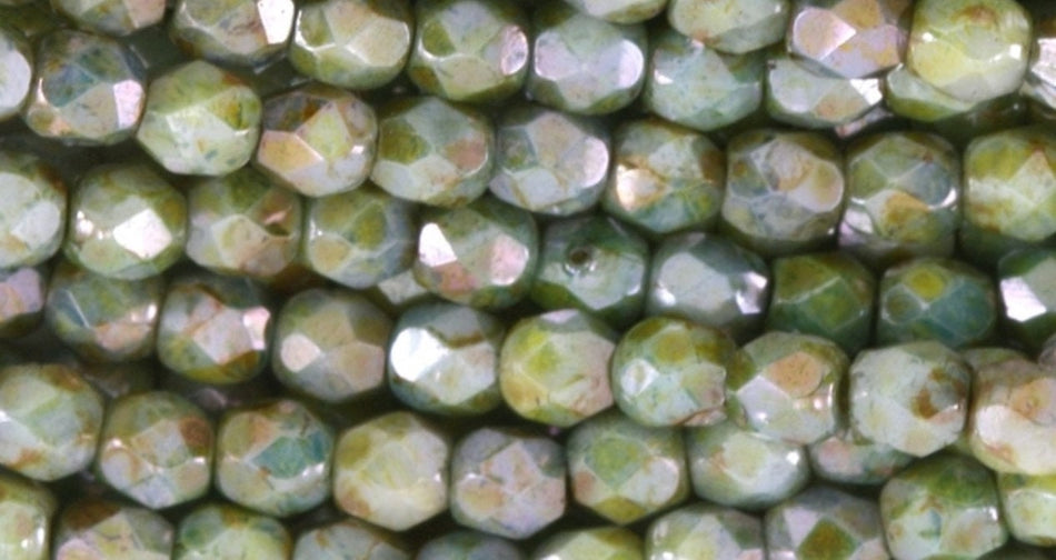 3mm Luster-Opaque Green Czech Firepolish Faceted Glass Beads (50)