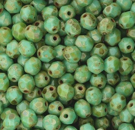 4mm Turquoise Picasso Czech Faceted Firepolish Glass Beads (50)