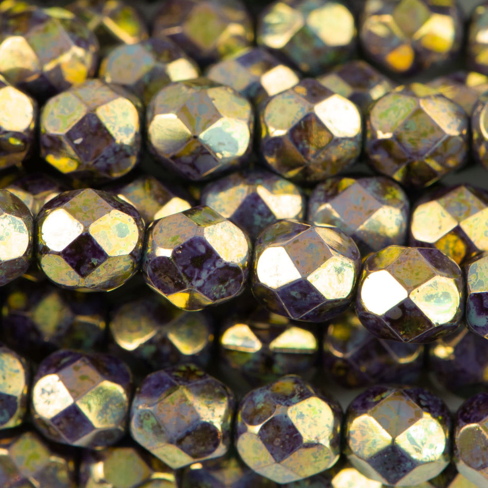 6mm Czech Faceted Turquoise Copper Picasso Firepolish Glass Beads (25)