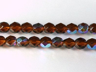 6mm Smoky Topaz AB Czech Faceted Firepolish Glass Beads (25)