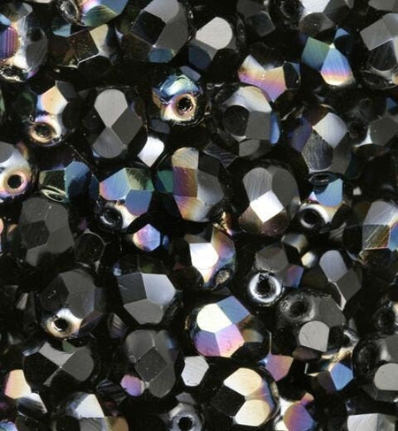 6mm Jet Celsian Czech Firepolish Faceted Glass Beads (25)
