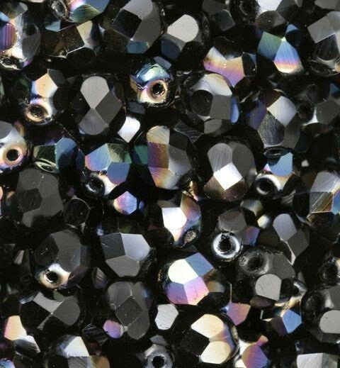 6mm Jet Celsian Czech Firepolish Faceted Glass Beads (25)