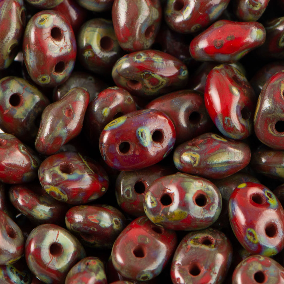 2/5MM MATUBO SUPERDUO Opaque Red Picasso Beads