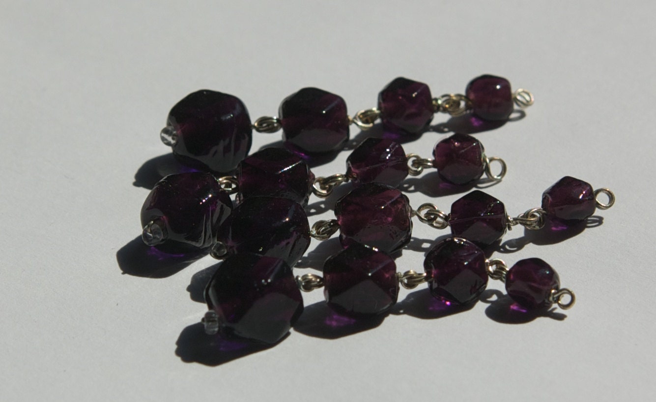 Vintage Faceted Purple Glass Drops Silver Tone Links drp107A