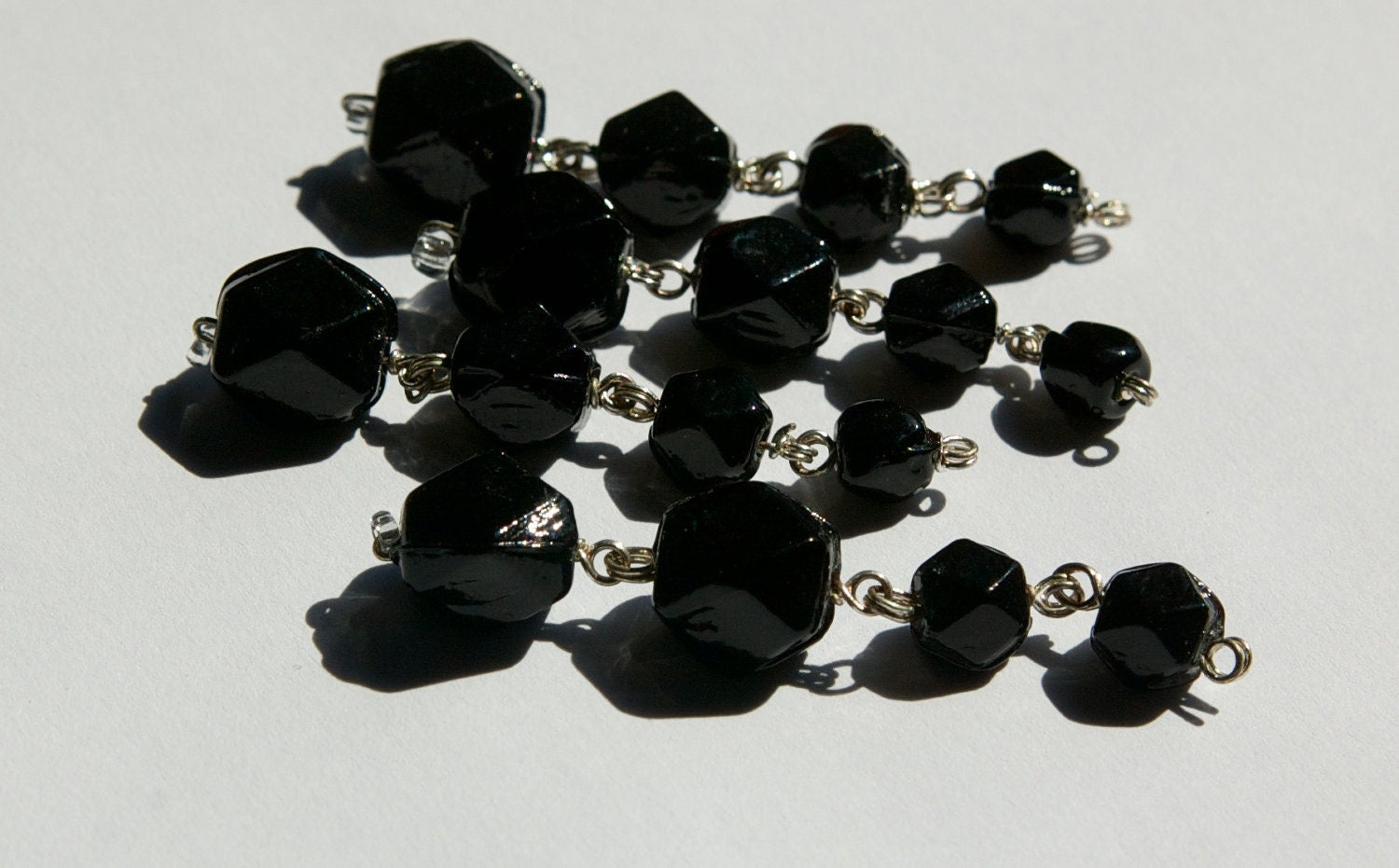 Vintage Faceted Jet Black Glass Drops Silver Tone Links drp107C