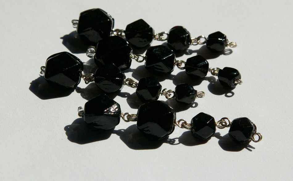 Vintage Faceted Jet Black Glass Drops Silver Tone Links drp107C