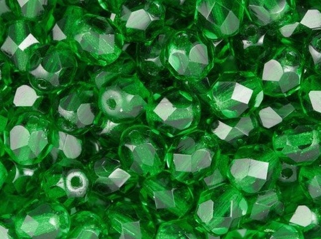 6mm Emerald Czech Firepolish Faceted Glass Beads (25)