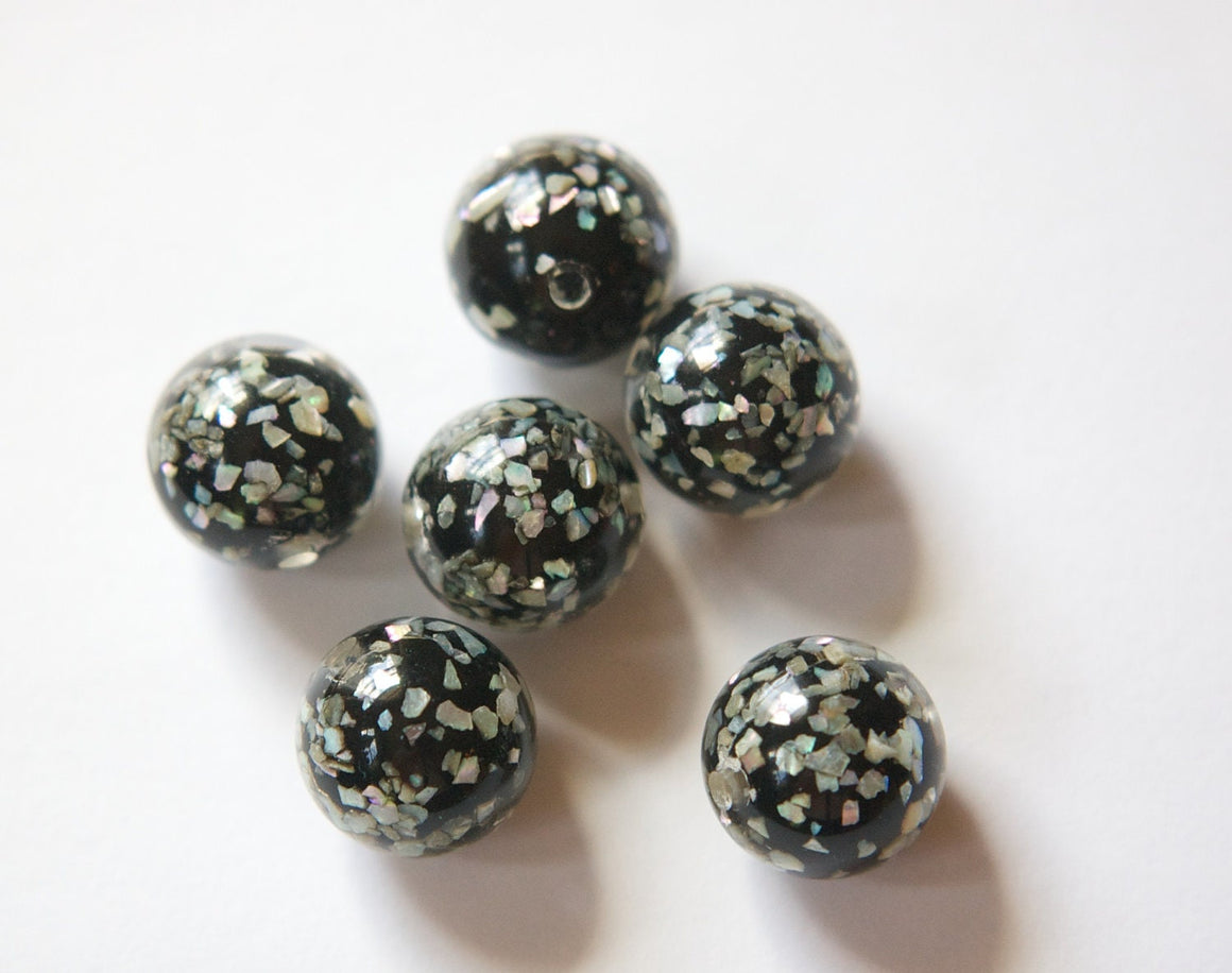 Vintage Lucite Black Beads with MOP Glitter Inclusions 12mm (6) bds832H
