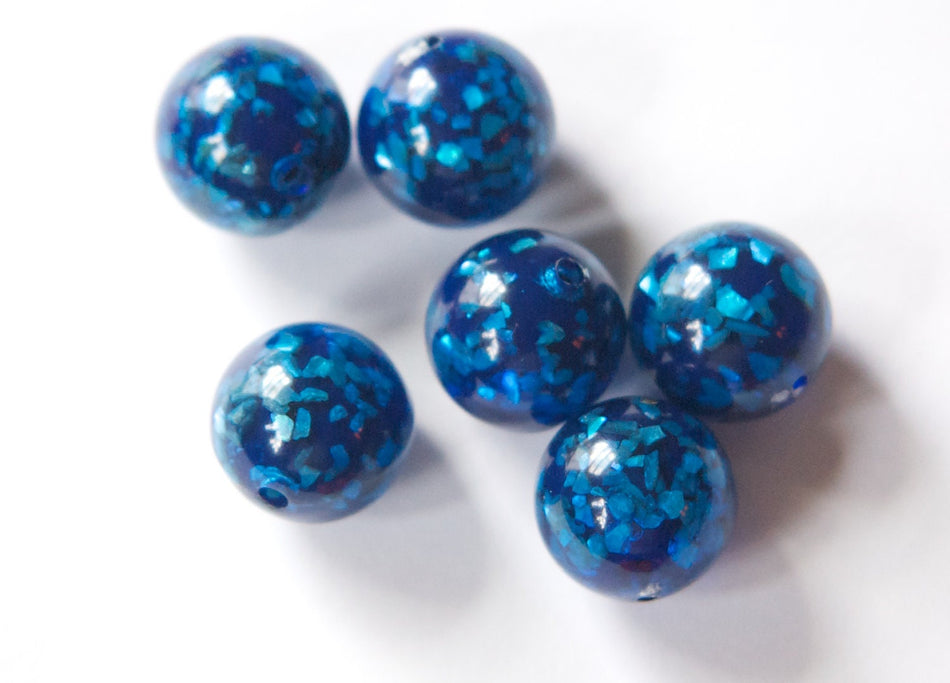 Vintage Lucite Blue Beads with MOP Glitter Inclusions 12mm (6) bds832E