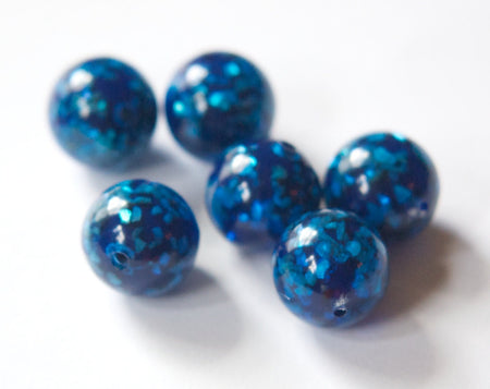 Vintage Lucite Blue Beads with MOP Glitter Inclusions 12mm (6) bds832E