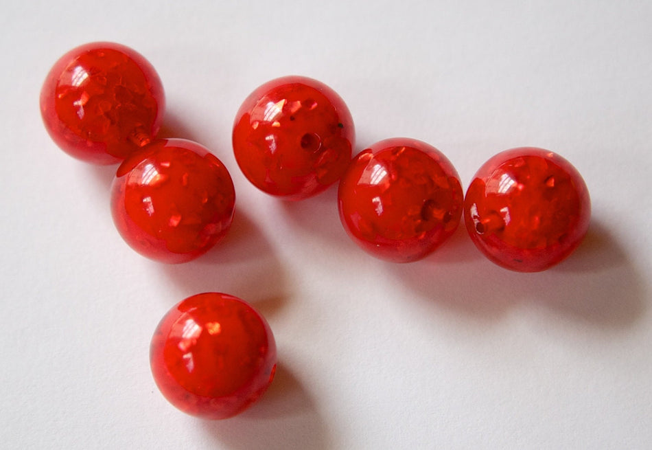 Vintage Lucite Red Orange Beads with MOP Glitter Inclusions 12mm (6) bds832G