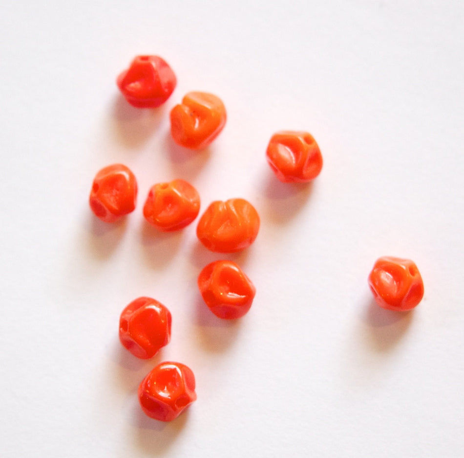 Vintage Orange Red Baroque Pinched German Glass Beads grm010C