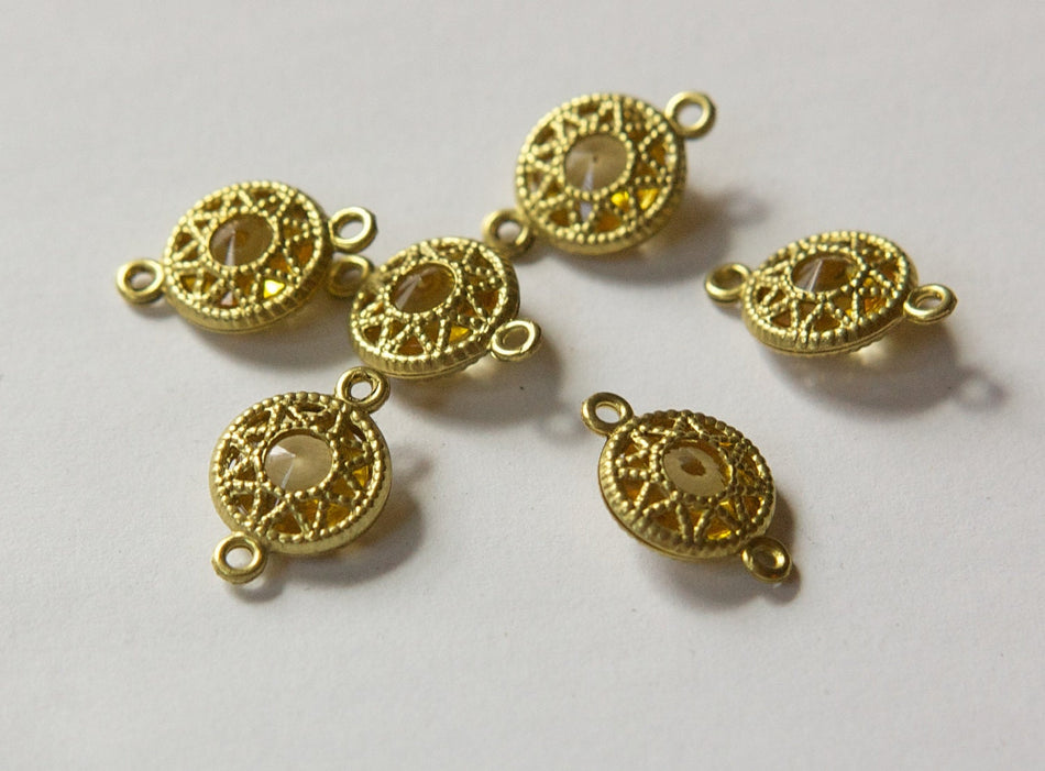 Vintage Light Topaz Connector Beads with Neat Brass Frames 10mm (6) chr137F