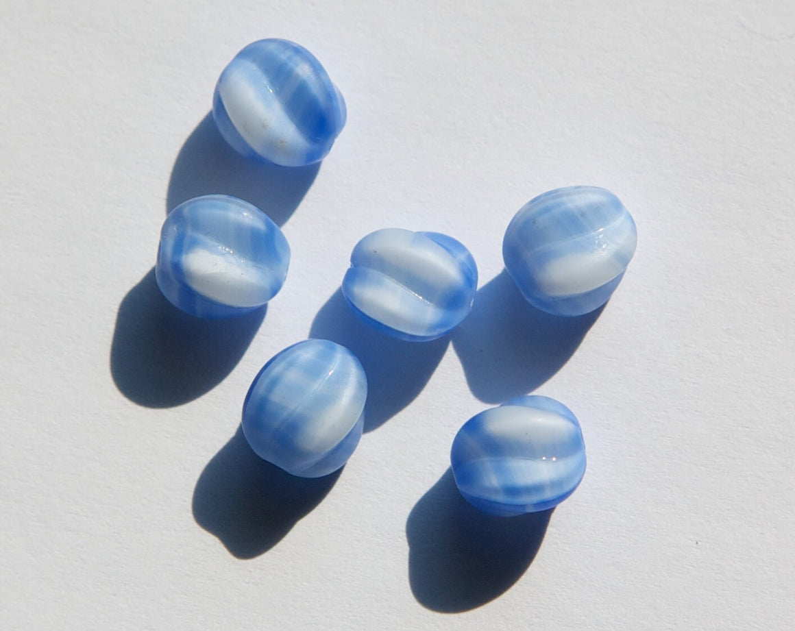 Vintage Opaque Blue and White Glass Melon German Beads 9mm (6) grm013A