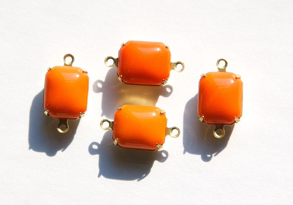 Vintage Orange Glass Stones in 2 Loop Brass Connector Setting 12mm x 10mm oct005C2