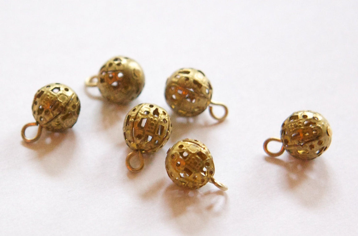 Vintage Raw Brass Filigree Bead Drop Charm 10mm (6) drp057A