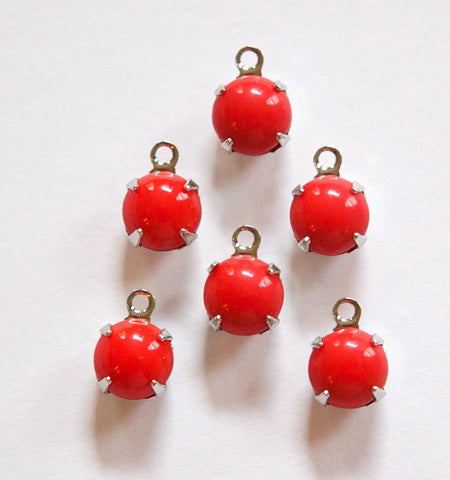 Vintage Red Glass Stone 1 Loop Silver Plated Setting Drops rnd003A