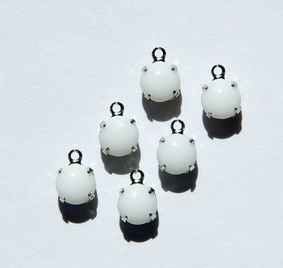Vintage White Glass Stone 1 Loop Silver Plated Setting Drops rnd003D