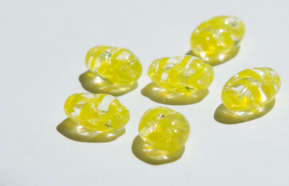 Vintage Etched German Clear Oval Glass Beads With Yellow Stripes grm039C