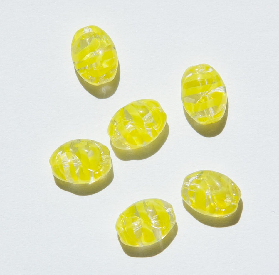 Vintage Etched German Clear Oval Glass Beads With Yellow Stripes grm039C