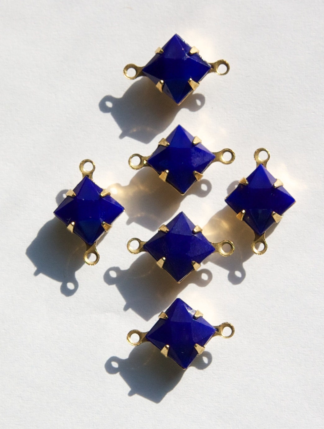 Opaque Blue Square Glass Stones in 2 Loop Brass Setting 8mm squ002G2