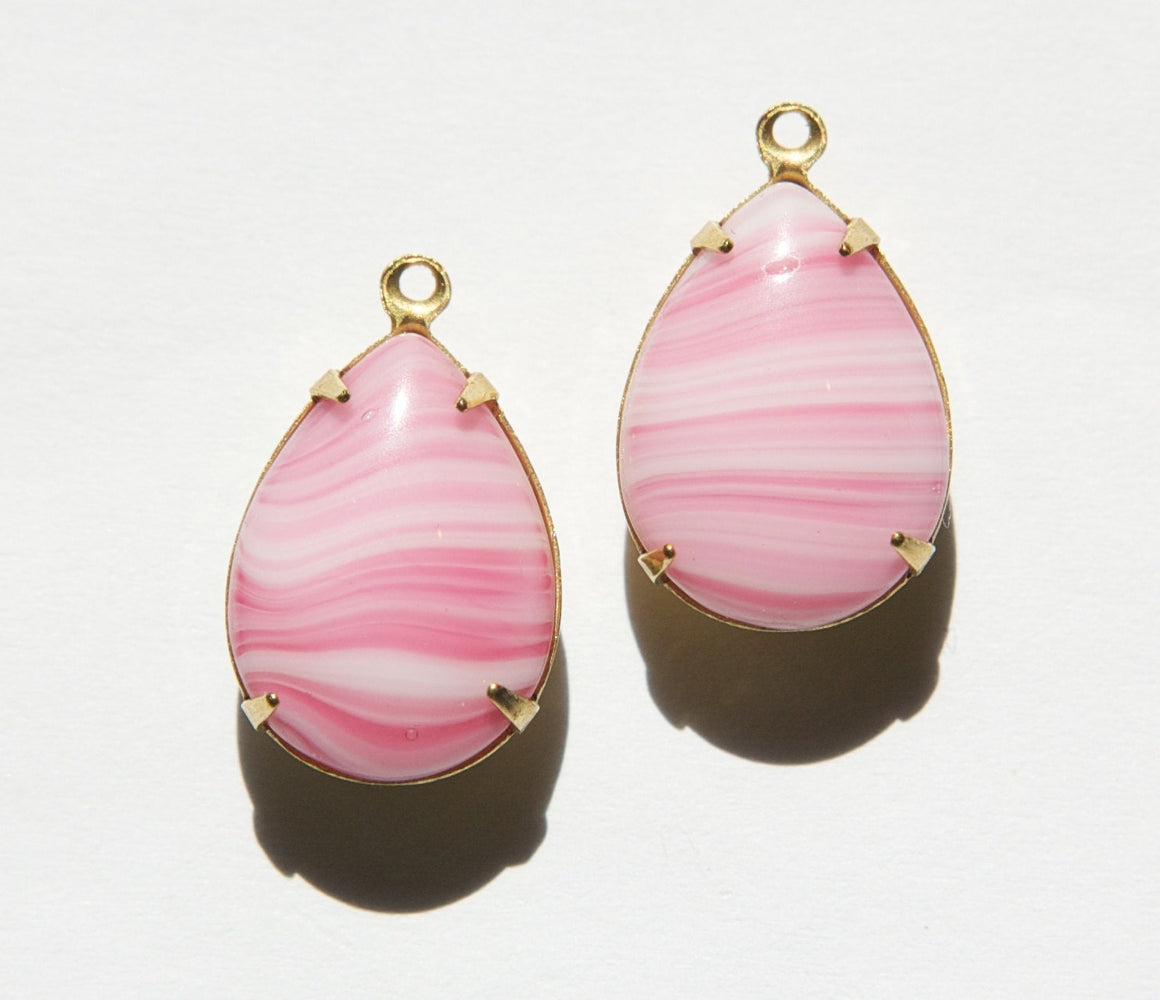 Vintage Pink Stripe Glass Teardrop Stones in 1 Loop Brass Setting 18x13mm par004JJ