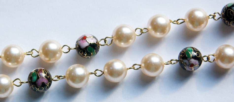 Vintage Jet Black Cloisonne and Pearl Beaded Chain 10mm chn071B