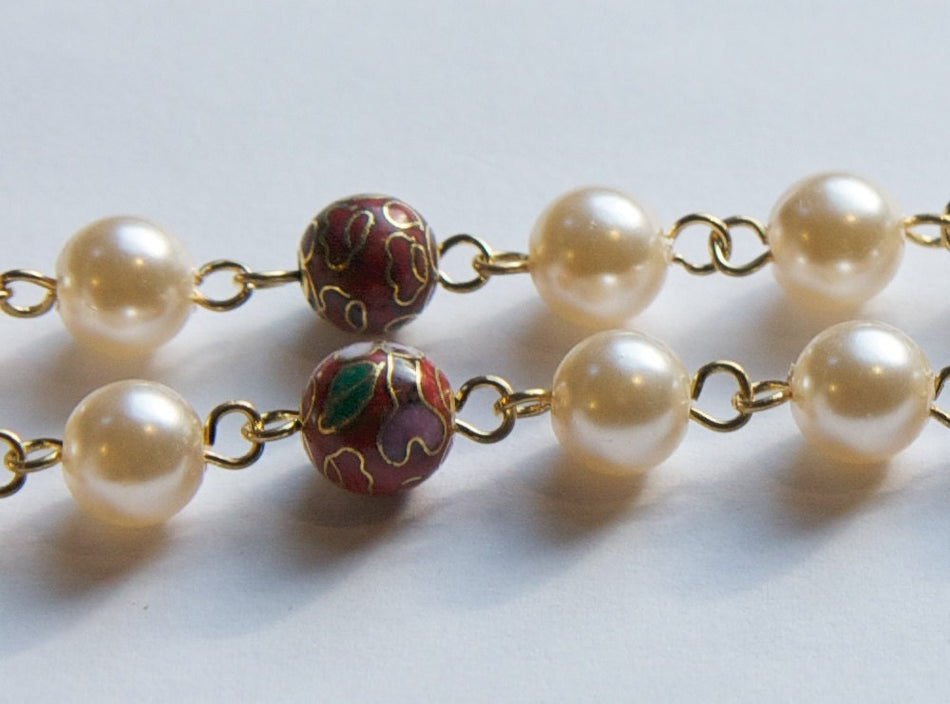 Vintage Red Cloisonne and Pearl Beaded Chain 8mm chn071C