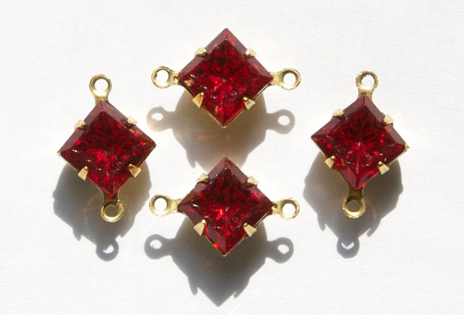Indented Etched Ruby Red Square Glass Stones in 2 Loop Brass Setting 8mm (4) squ002GG2