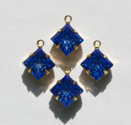 Indented Etched Sapphire Blue Square Glass Stones in 1 Loop Brass Setting 8mm squ002HH
