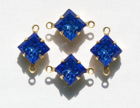 Indented Etched Sapphire Blue Square Glass Stones in 2 Loop Brass Setting 8mm squ002HH2