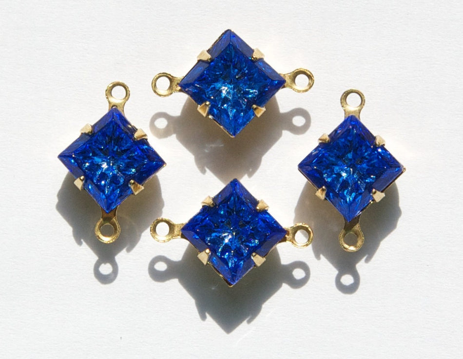 Indented Etched Sapphire Blue Square Glass Stones in 2 Loop Brass Setting 8mm squ002HH2
