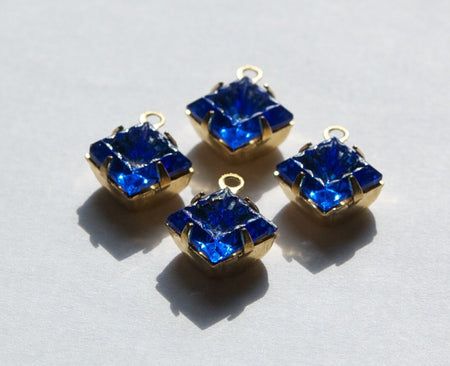 Indented Etched Sapphire Blue Square Glass Stones in 1 Loop Brass Setting 8mm squ002HH