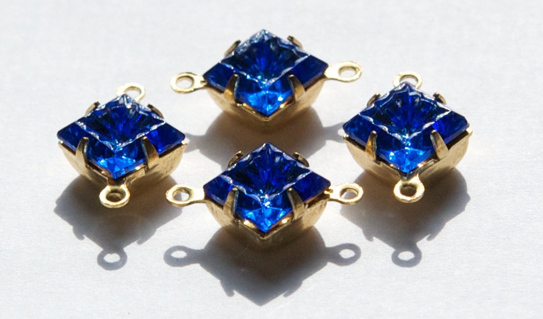 Indented Etched Sapphire Blue Square Glass Stones in 2 Loop Brass Setting 8mm squ002HH2