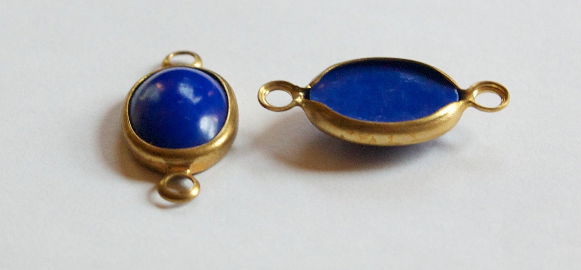 Vintage Navy Blue Glass 2 Loop Brass Connectors 18x13mm chr091