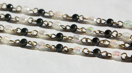 Vintage Black with Clear AB Plastic Beaded Chain Raw Brass Links Japan chn073