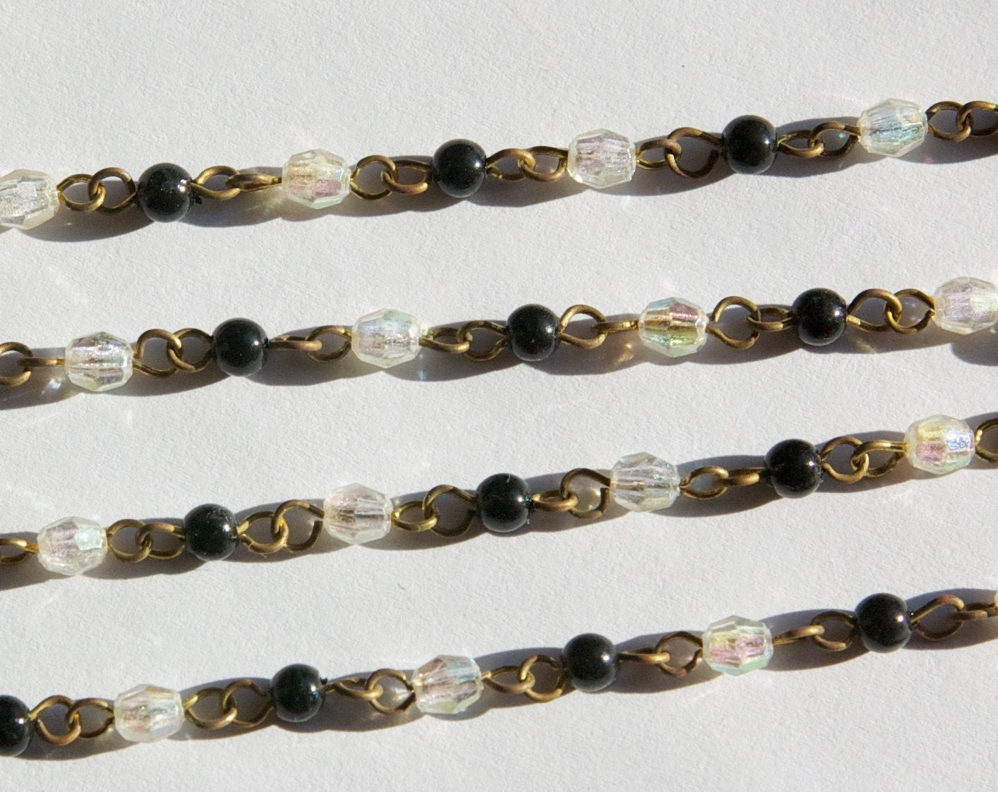 Vintage Black with Clear AB Plastic Beaded Chain Raw Brass Links Japan chn073