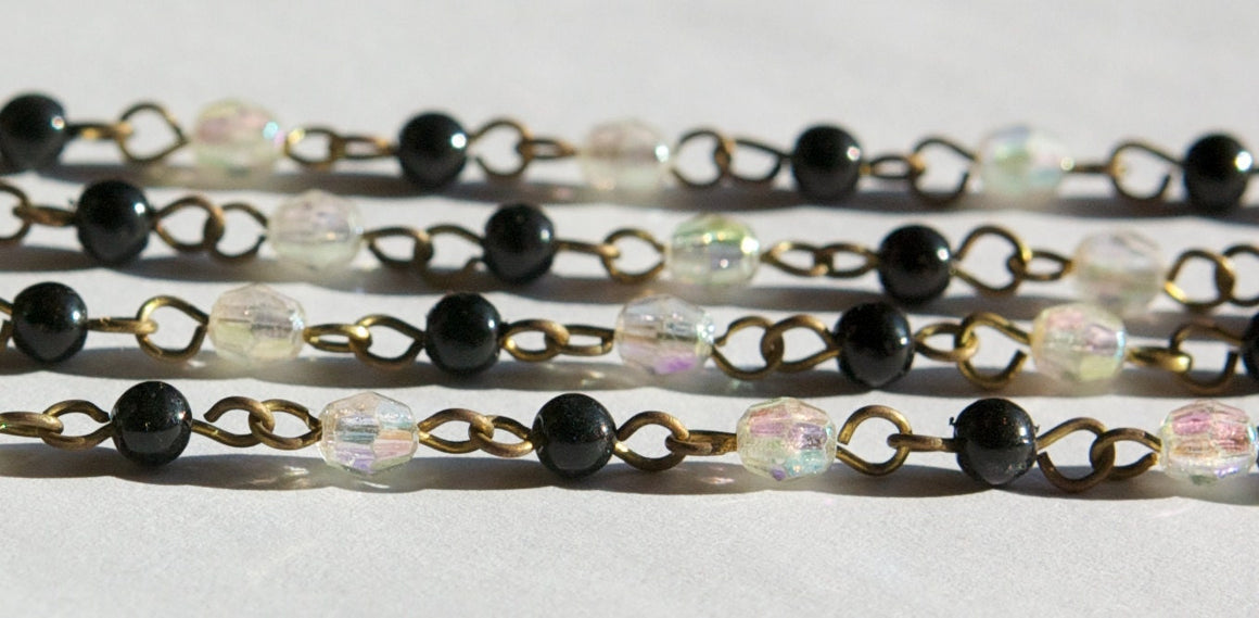Vintage Black with Clear AB Plastic Beaded Chain Raw Brass Links Japan chn073
