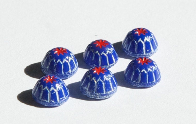 Vintage Blue with White and Red Glass Mosaic Cabochons 7mm cab067