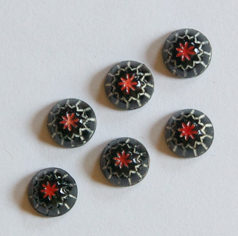 Vintage Black with White and Red Glass Mosaic Cabochons 7mm cab067A