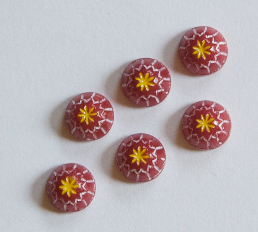 Vintage Dark Red with White and Yellow Glass Mosaic Cabochons 7mm cab067B