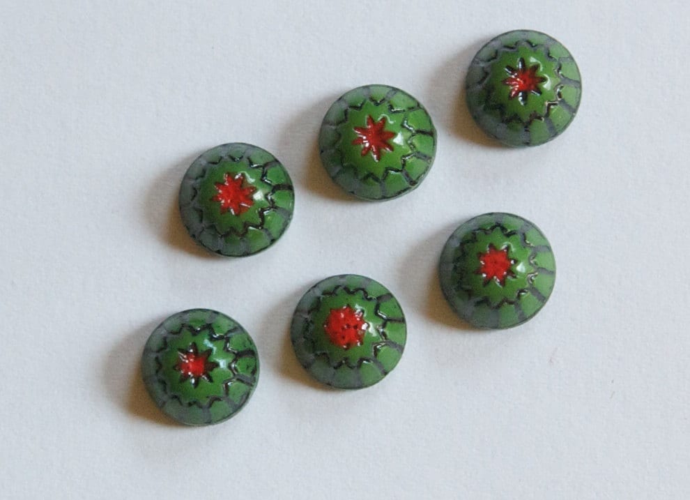Vintage Green with Black and Red Glass Mosaic Cabochons 7mm cab067D